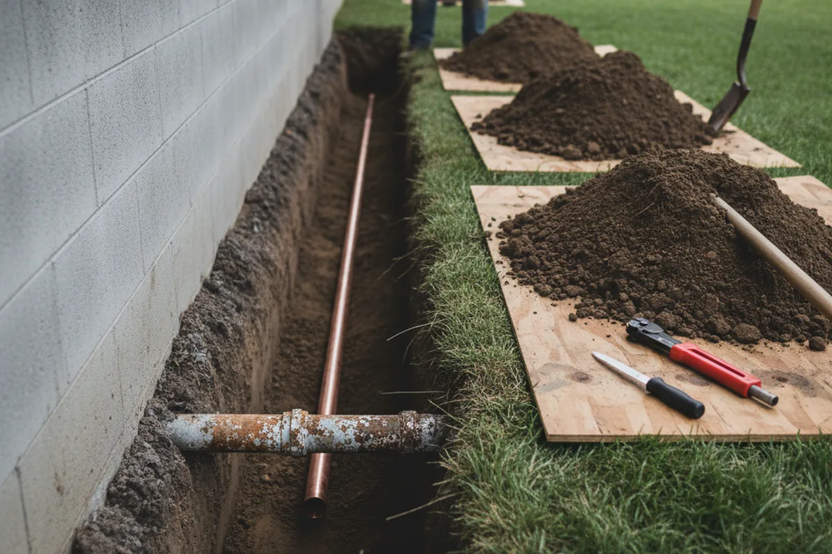 Excavated water line trench during Water Softener Installation in Saint Benedict